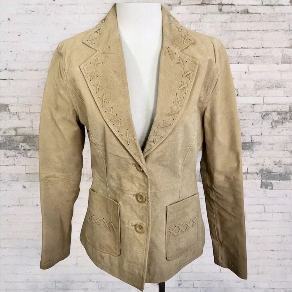 Y2K Rave Vintage Suede Leather Blazer Jacket Skirt Set Size 1/S